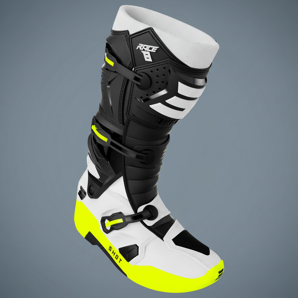 Botas Shot Race 8 Black White Neon Yellow frente - fundo garagem