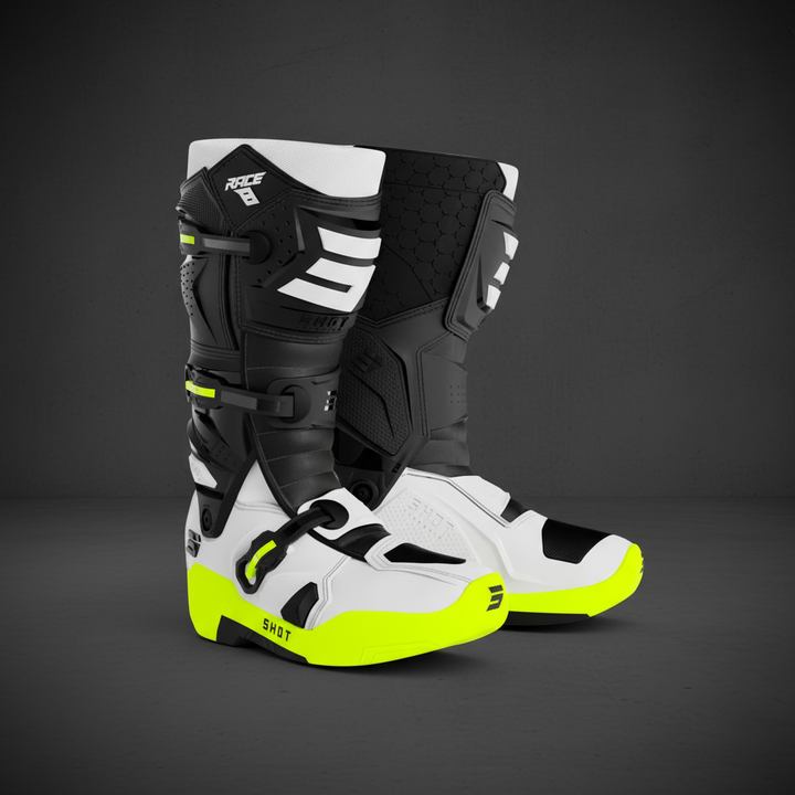 Botas Shot Race 8 Black White Neon Yellow par - fundo garagem
